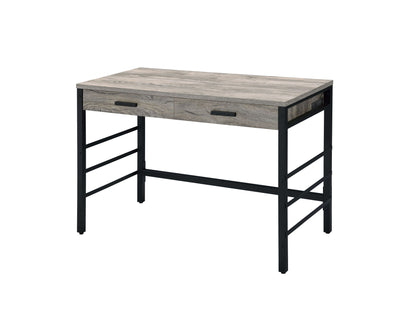 The Disho Weathered Writing Desk with USB in oak features a rectangular design, two front drawers with black handles, and a sleek black metal frame for a modern look.