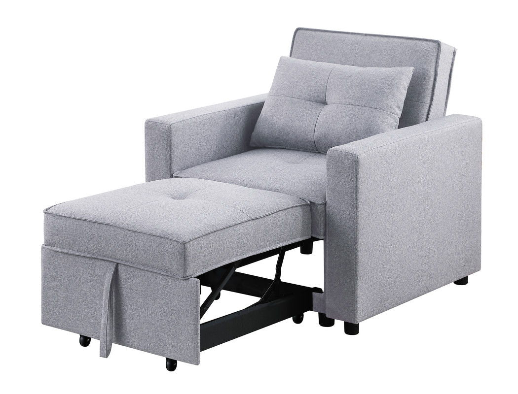 The Zoey Convertible Sleeper Chair features light gray upholstery, a matching cushion, square armrests, an extendable footrest that turns it into a chaise lounge, and a convenient side pocket—all in a sleek modern design.