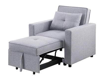 The Zoey Convertible Sleeper Chair features light gray upholstery, a matching cushion, square armrests, an extendable footrest that turns it into a chaise lounge, and a convenient side pocket—all in a sleek modern design.