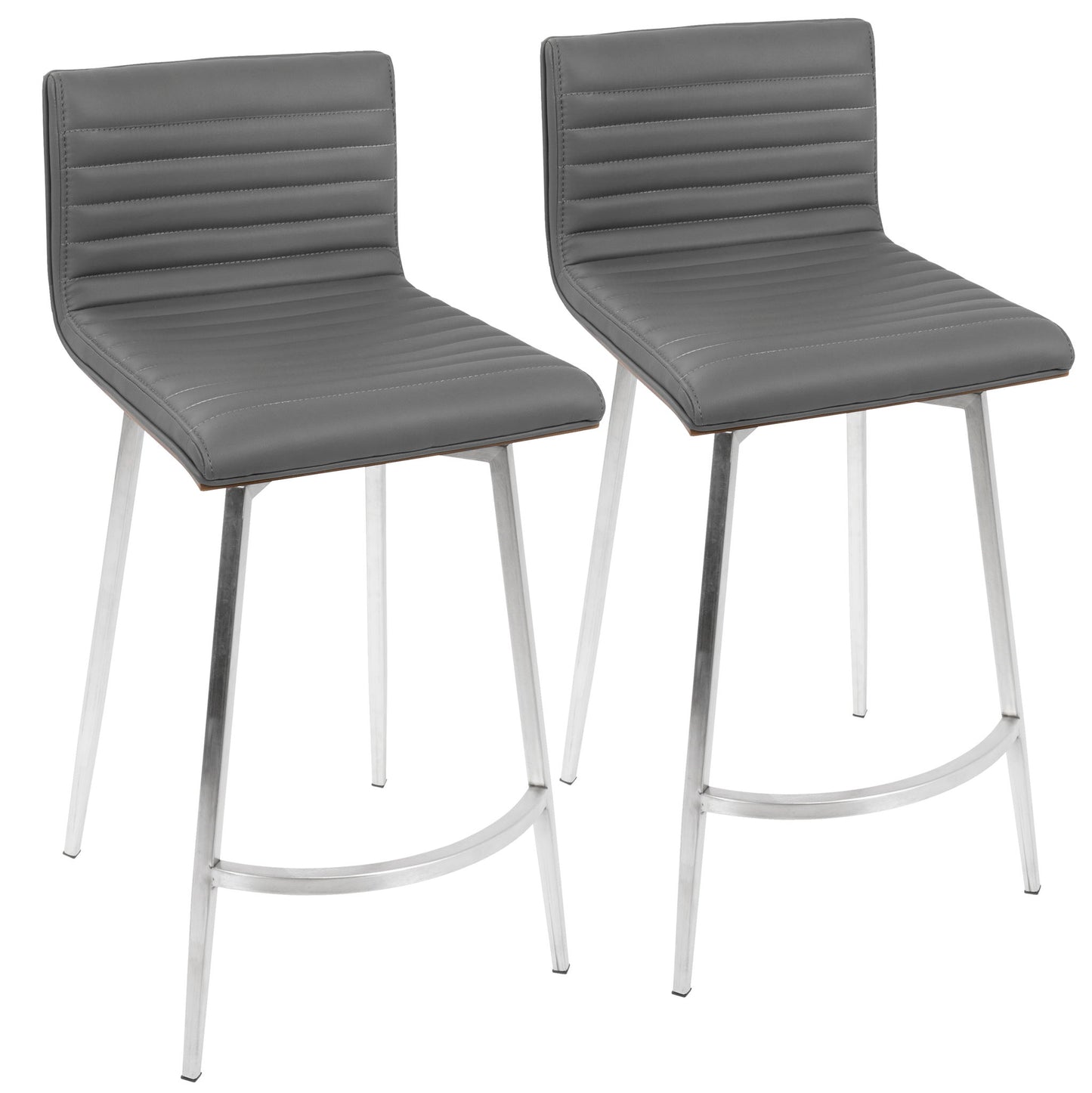 The Mason Contemporary Swivel Counter Stool (Set of 2) features gray, ribbed, cushioned seats and backs with slim, angled metal legs and footrests.