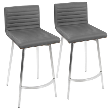 The Mason Contemporary Swivel Counter Stool (Set of 2) features gray, ribbed, cushioned seats and backs with slim, angled metal legs and footrests.