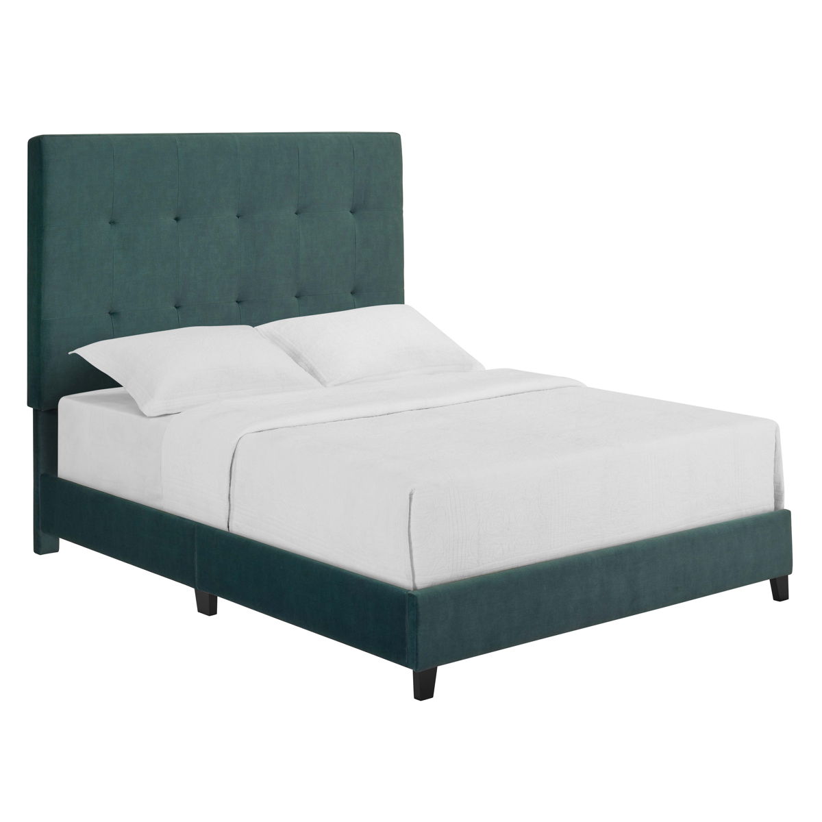 The Tufted Upholstered Platform Bed features a tall, tufted dark green headboard and frame, black legs, and a simple contemporary design. It's shown with crisp white bedding and pillows for a modern look.