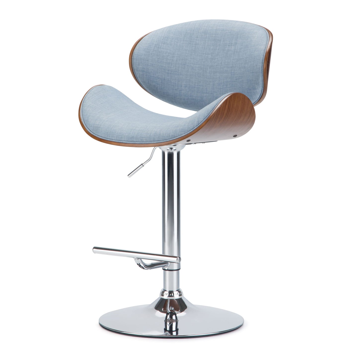 The Marana Multifunctional Handcrafted Bentwood Adjustable Swivel Bar Stool features a curved wooden frame, light blue upholstered seat and backrest, chrome pedestal base, and integrated footrest.