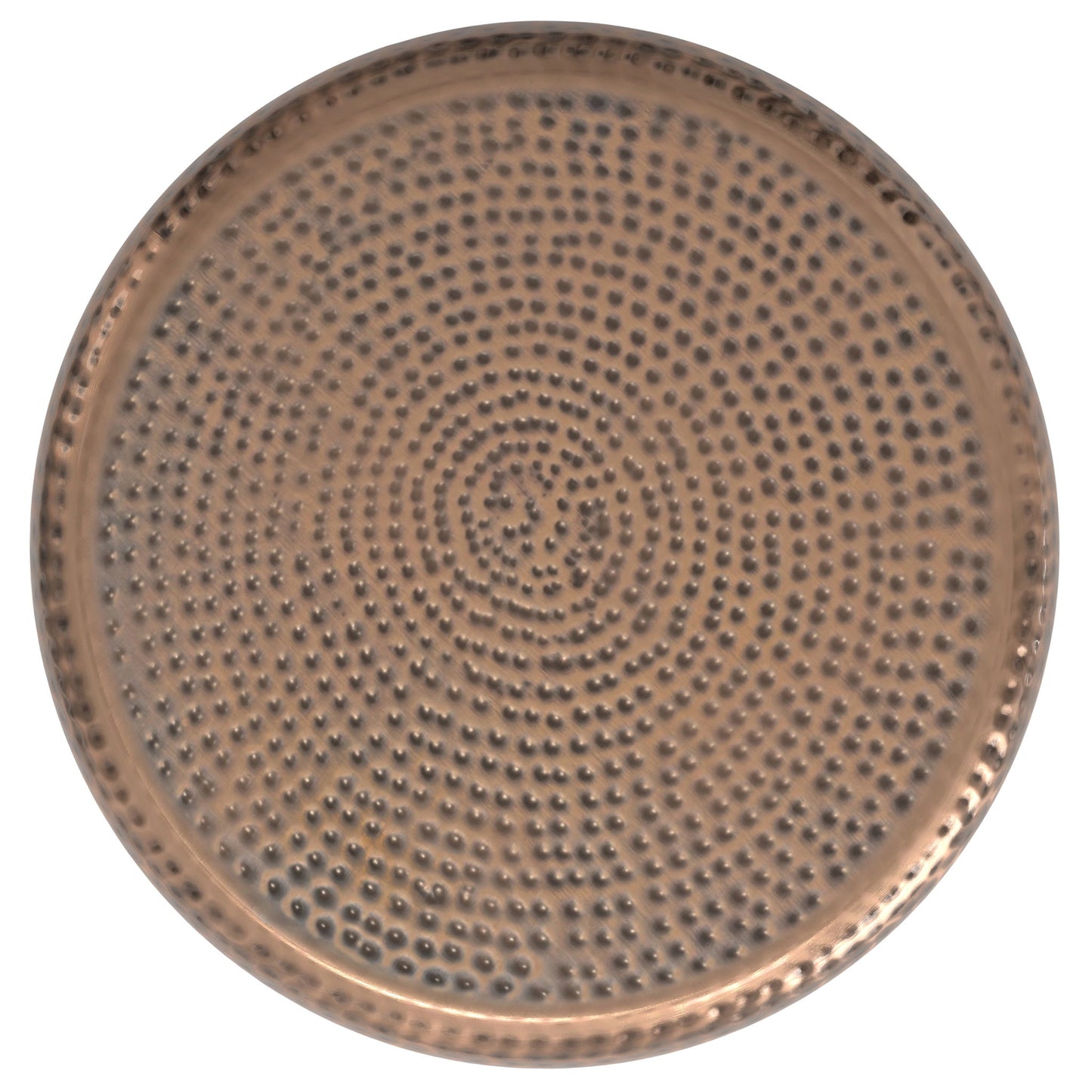 The Preston Handcrafted Metal Side Table features a round, metallic top with a hammered texture and concentric circles of raised dots, shown from above on a white background.