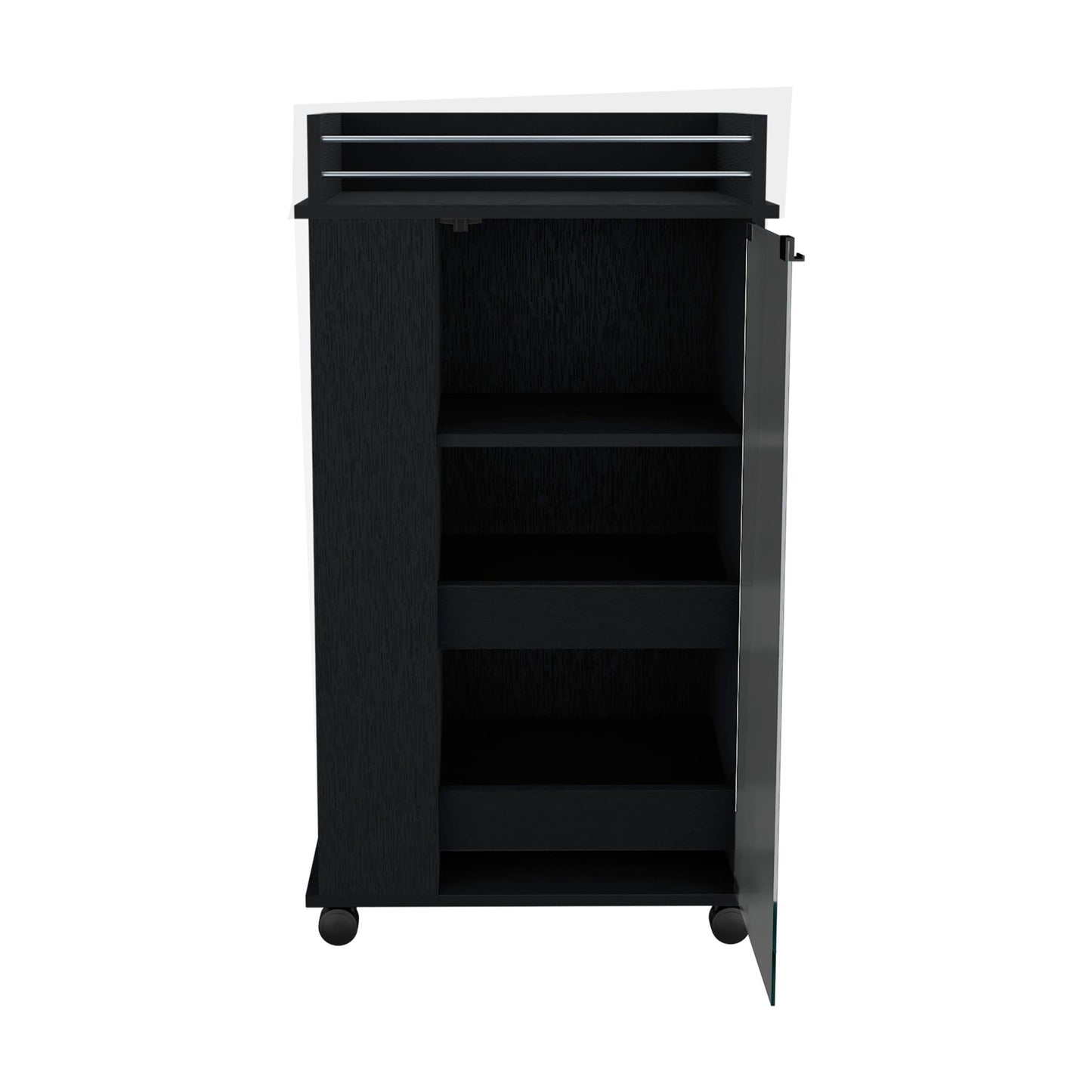 A black Bar Cart with a glass door, two side shelves, and casters stands on four wheels. The top features horizontal slats, and the background is white.