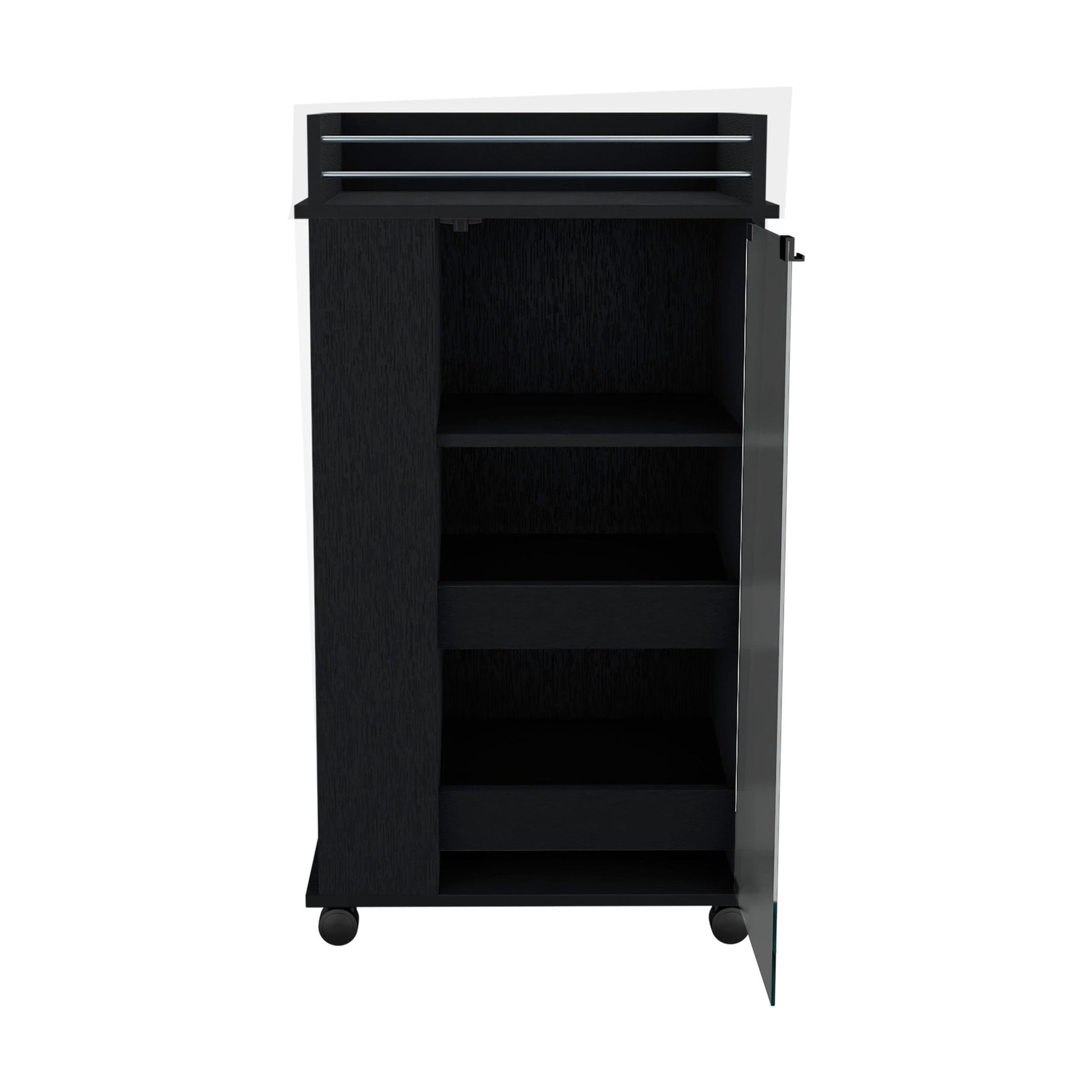 A black Bar Cart with a glass door, two side shelves, and casters stands on four wheels. The top features horizontal slats, and the background is white.