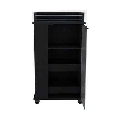 A black Bar Cart with a glass door, two side shelves, and casters stands on four wheels. The top features horizontal slats, and the background is white.