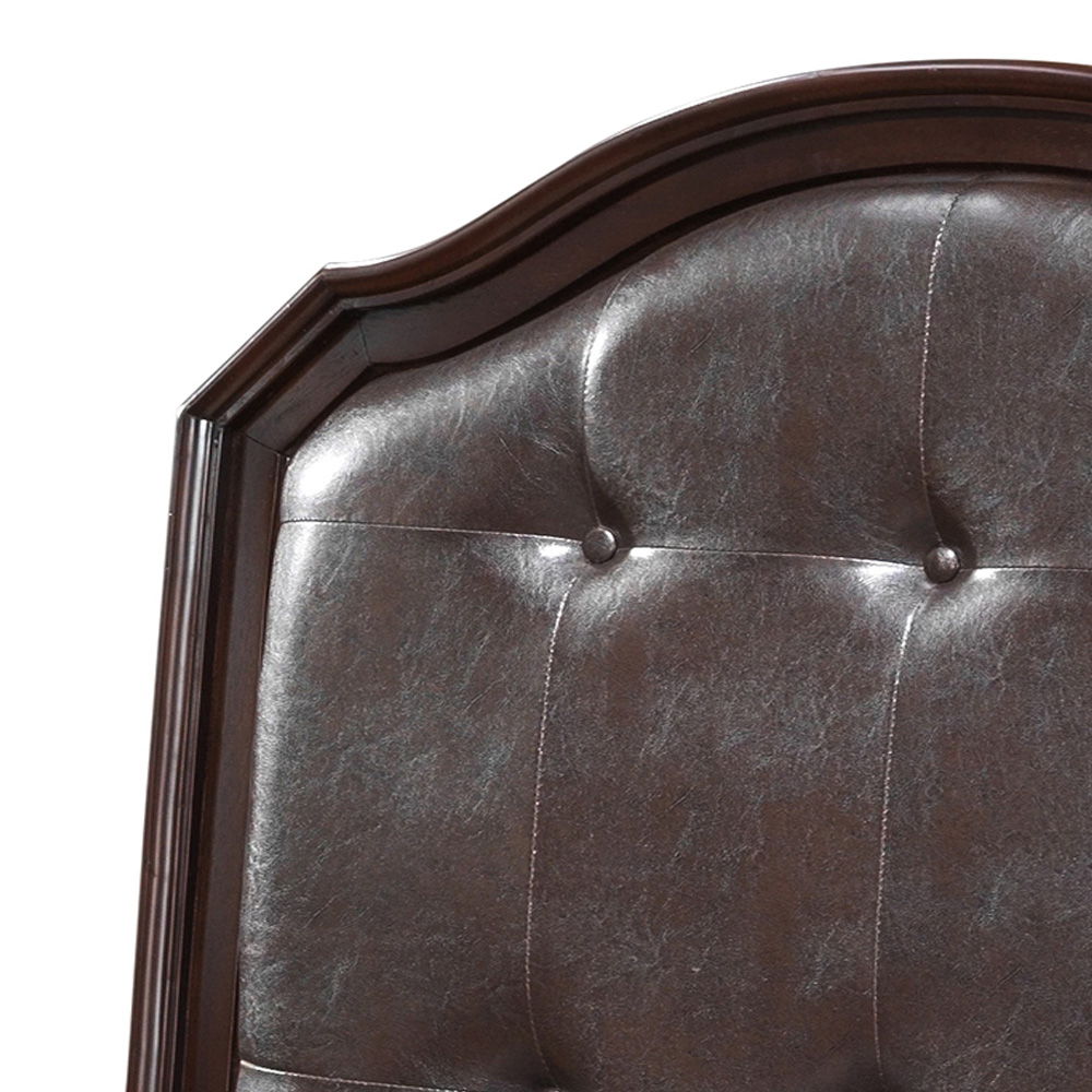 The Triton - G9000A-TB Twin Bed in Cappuccino showcases a close-up of its dark brown leather tufted headboard with a curved wooden frame and two visible buttons, offering a classic and elegant design.