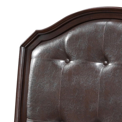 The Triton - G9000A-TB Twin Bed in Cappuccino showcases a close-up of its dark brown leather tufted headboard with a curved wooden frame and two visible buttons, offering a classic and elegant design.