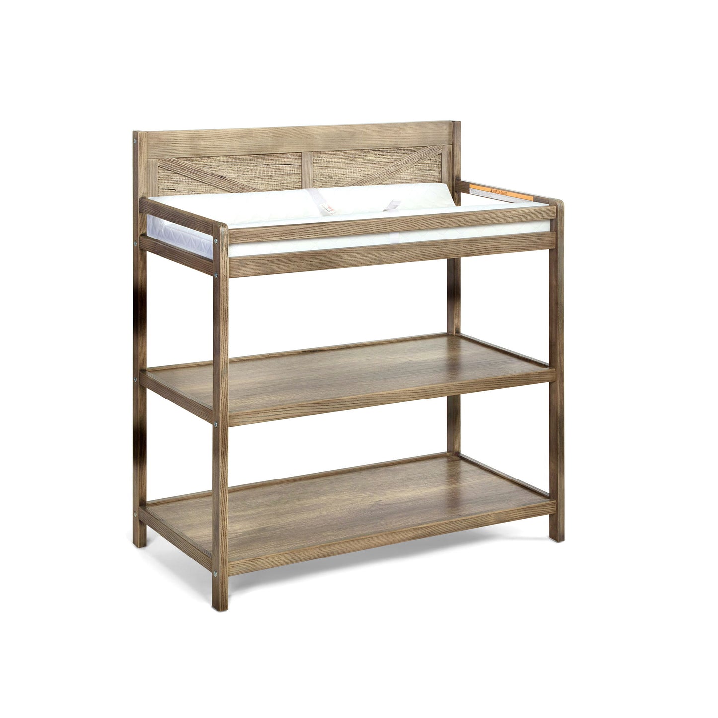 The Barnside - Changing Table Vintage features a rustic light brown wood finish, a raised edge, cushioned changing pad, and two open storage shelves below.