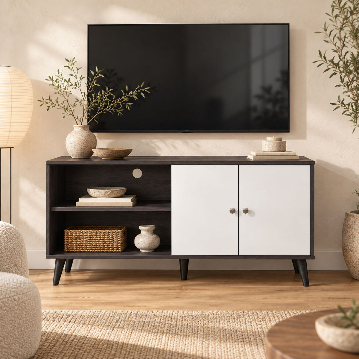 Amidon - TV Stand, With 2 Storage Shelves And 1 Cabinet