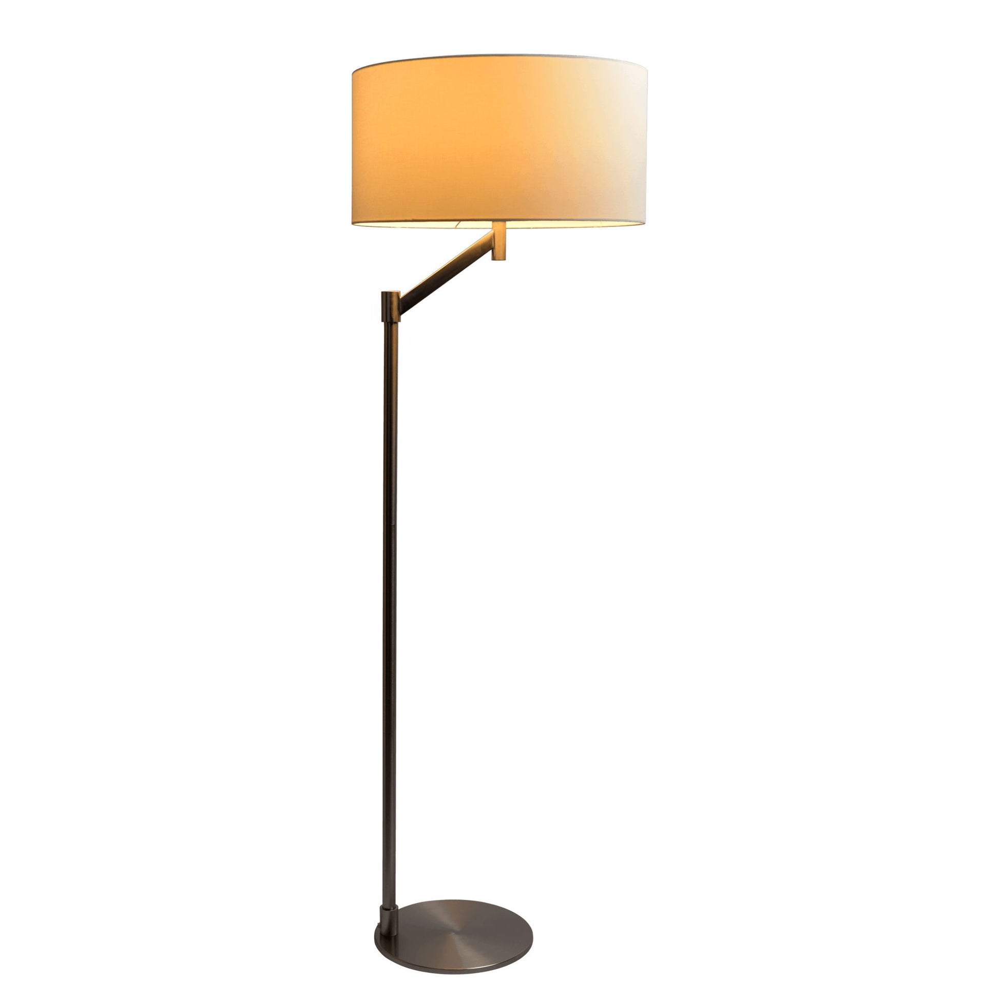 The Serene Floor Lamp features a white linen shade, slender brushed nickel stand, and rotary switch base. The slightly offset shade and warm light create a contemporary look for any space.