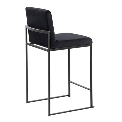 The Fuji - Contemporary Modern Elegance, High Back Counter Stool features a sleek black design with a cushioned seat and backrest, minimalist metal frame, and a convenient front footrest bar.