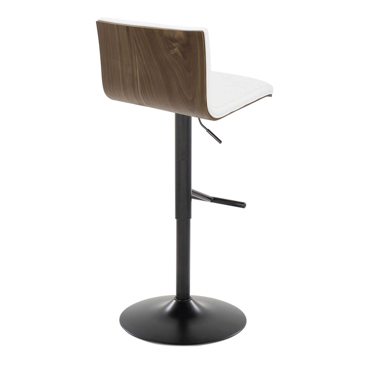 The Mason Contemporary Adjustable Barstool (Set of 2) features a white cushioned seat, wooden backrest, black metal pedestal base, swivel function, and a straight T footrest. The stool is displayed from the back.