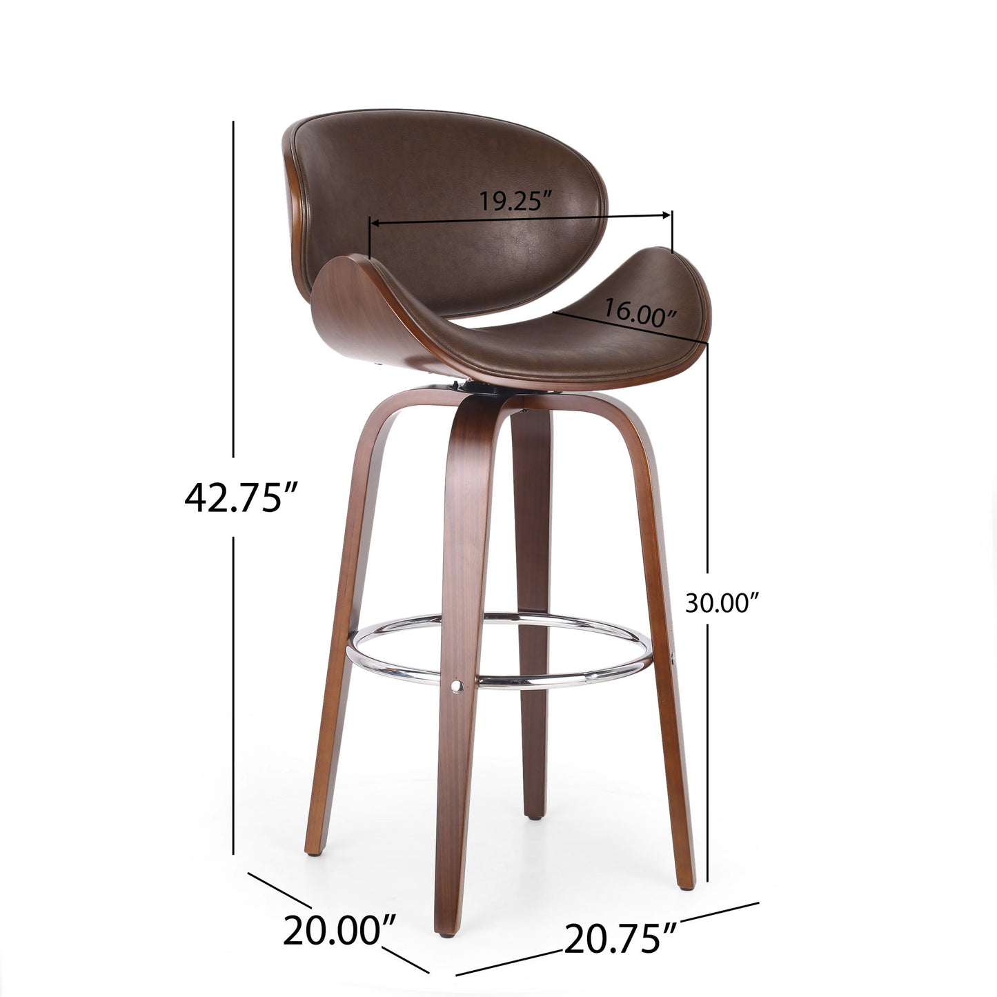 The Lumos Mid Century Modern Upholstered Swivel Barstool features a curved brown seat and wooden legs. Dimensions: 42.75" H, 30" seat height, 20" W, 20.75" D, 19.25" back width, and 16" seat depth.