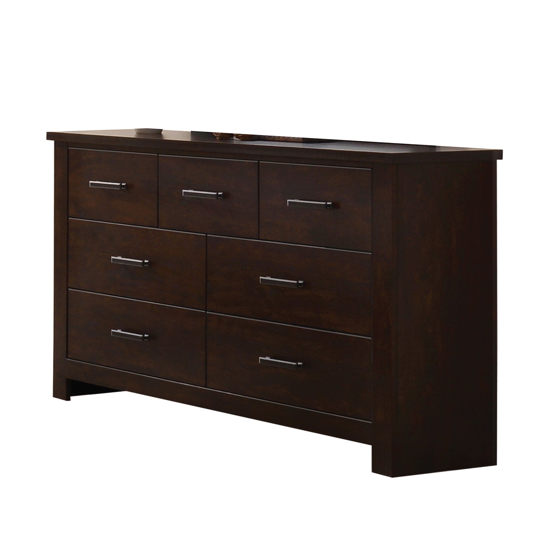 The Panang Dresser in rich mahogany features seven drawers with sleek metal handles, displayed against a white background.