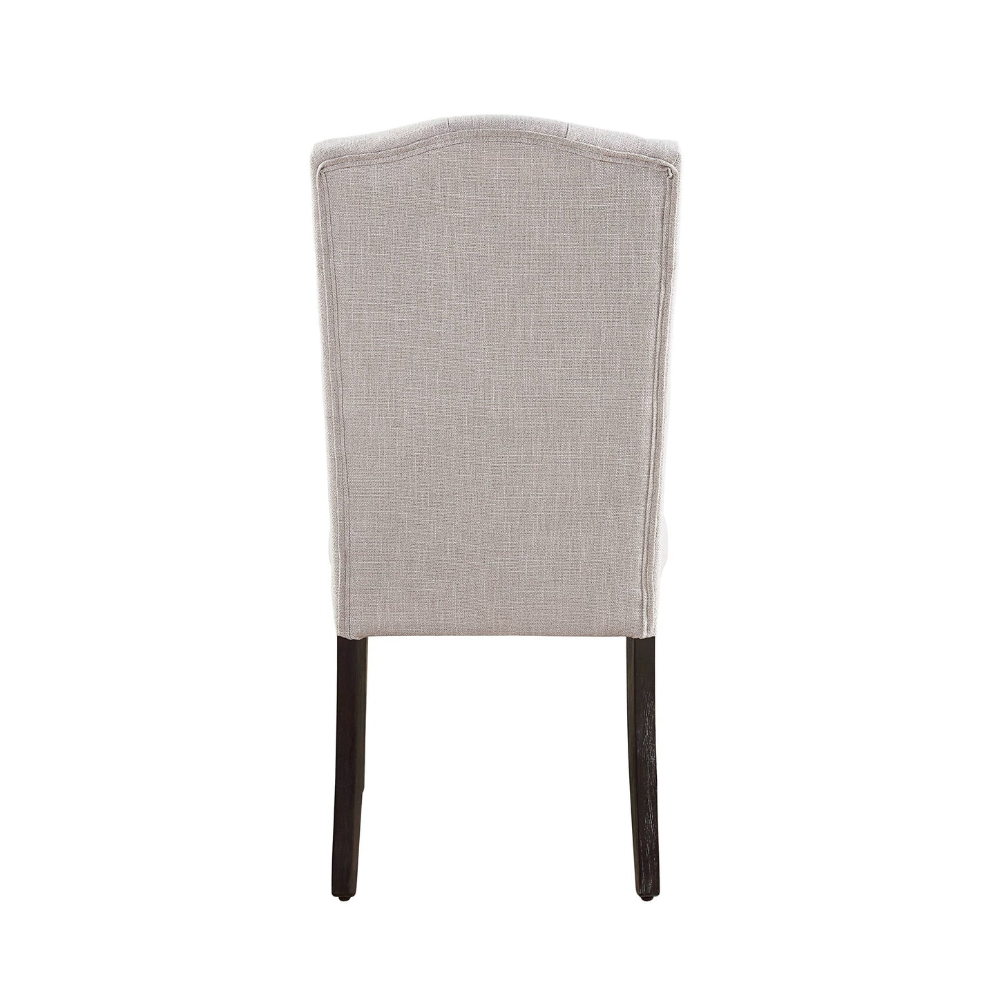 The Gerardo - Linen Weathered Dining Chair (Set of 2) in beige features a light gray upholstered seat, a slightly curved backrest, and dark wooden legs, displayed from the back against a white background.