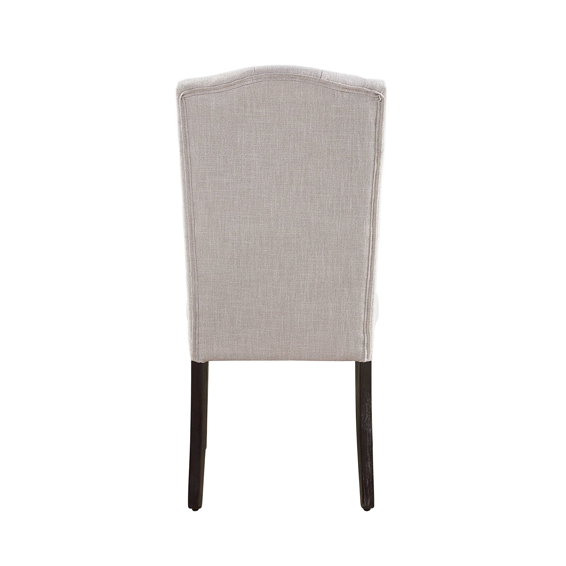 The Gerardo - Linen Weathered Dining Chair (Set of 2) in beige features a light gray upholstered seat, a slightly curved backrest, and dark wooden legs, displayed from the back against a white background.