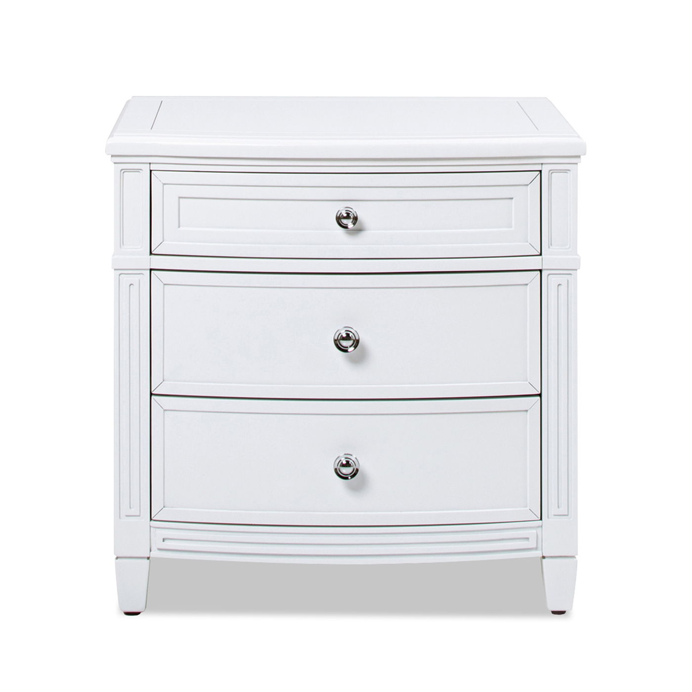 The Dauphin 3 Drawer Accent End Table is a white wooden nightstand with three drawers, each fitted with a round silver knob. It features clean lines and a simple, modern design.