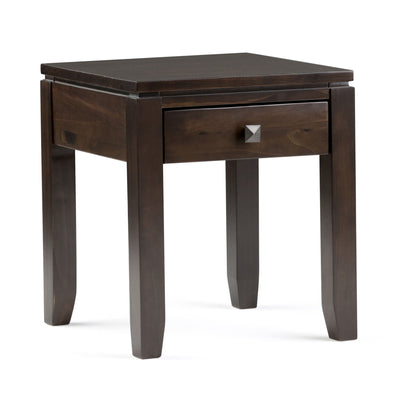 The Cosmopolitan Multipurpose Table features a dark wood finish, a square top, one drawer with a metallic knob, and four straight legs, all set against a white background.