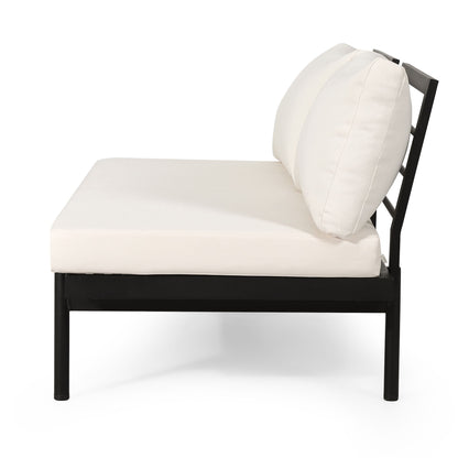 Side view of the Theo 2 Seater Sofa featuring a black metal frame and thick white seat and back cushions, set against a plain white background.