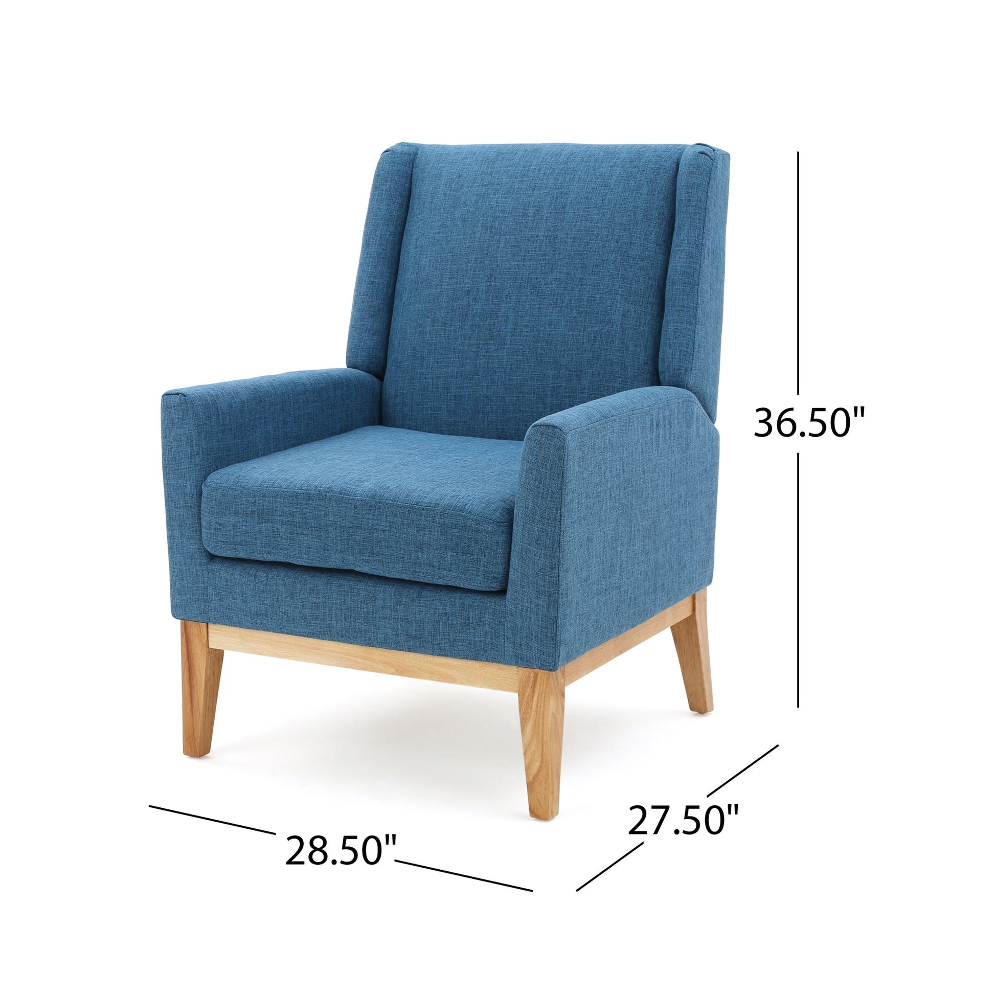 Modern Accent Chair With Padded Cushion Seat in blue upholstery, features wooden legs and measures 36.5" tall, 28.5" wide, and 27.5" deep.