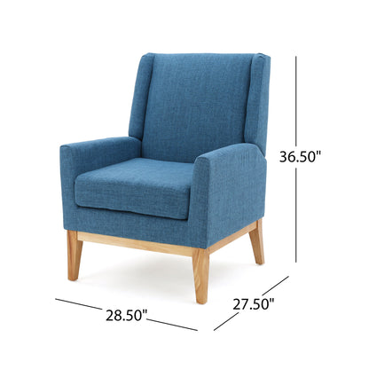 Modern Accent Chair With Padded Cushion Seat in blue upholstery, features wooden legs and measures 36.5" tall, 28.5" wide, and 27.5" deep.