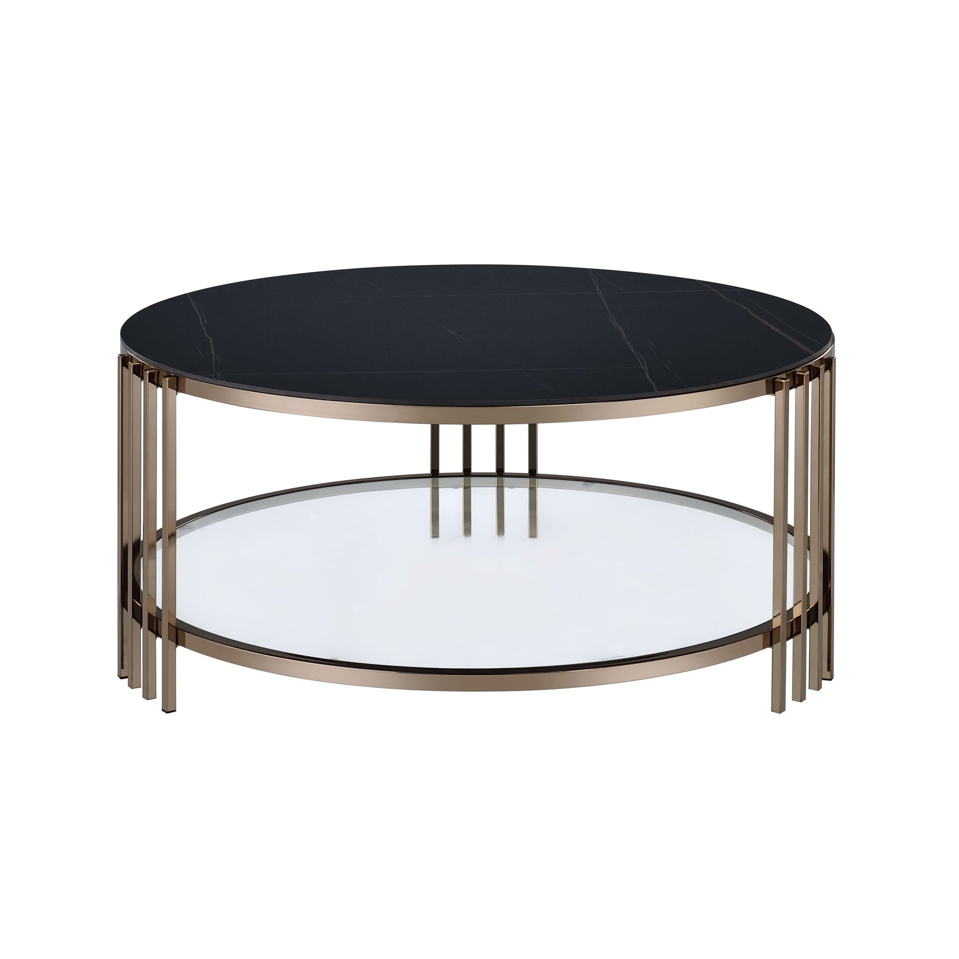 The Abisha Sintered Stone Top Round Table features a modern round design with a black sintered stone top, lower glass shelf, and a bronze metal frame with vertical bars connecting the surfaces.