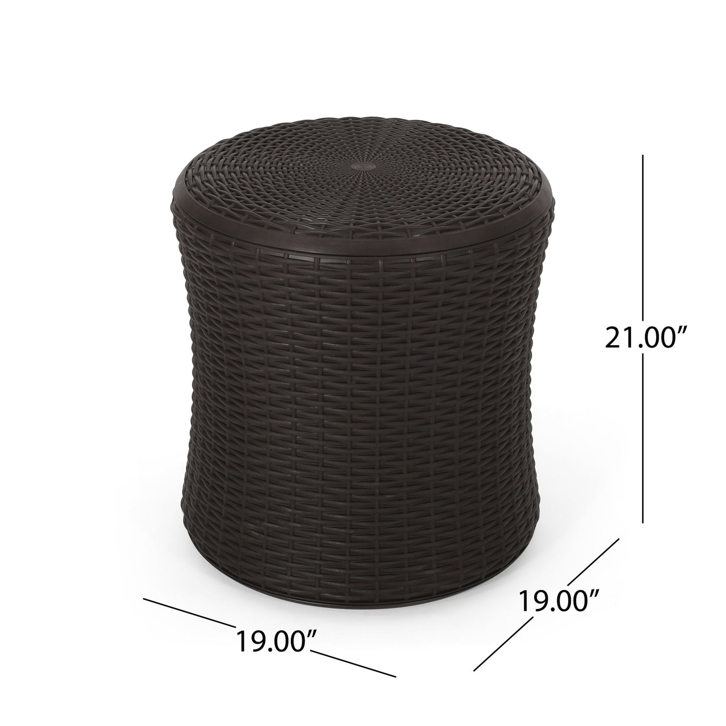 The Olivo Patio Table is a round, dark brown outdoor side table with a wicker pattern, measuring 21" tall and 19" in diameter.
