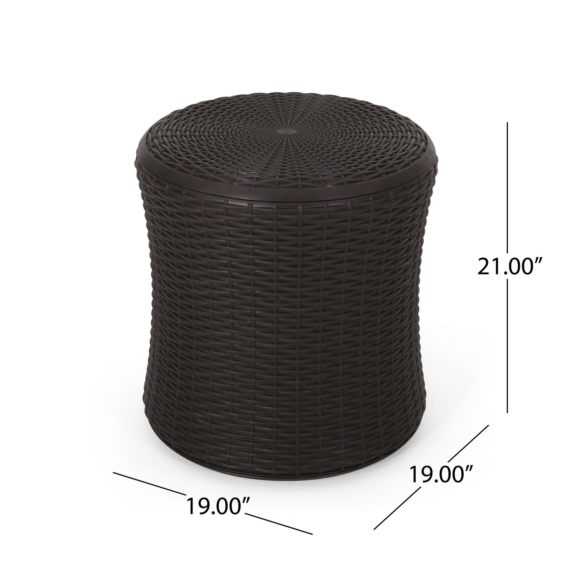 The Olivo Patio Table is a round, dark brown outdoor side table with a wicker pattern, measuring 21" tall and 19" in diameter.