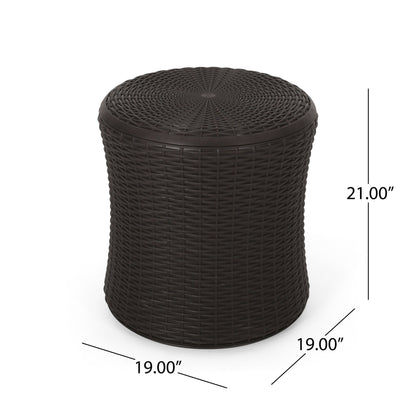 The Olivo Patio Table is a round, dark brown outdoor side table with a wicker pattern, measuring 21" tall and 19" in diameter.
