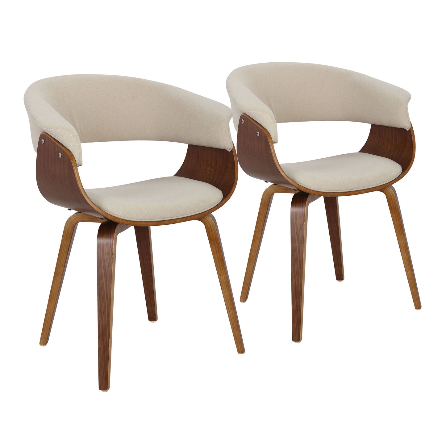 A set of two Vintage Mod Mid Century Modern Dining Chairs with curved wooden frames, beige upholstered seats and backrests, and angled wooden legs, placed side by side facing forward.