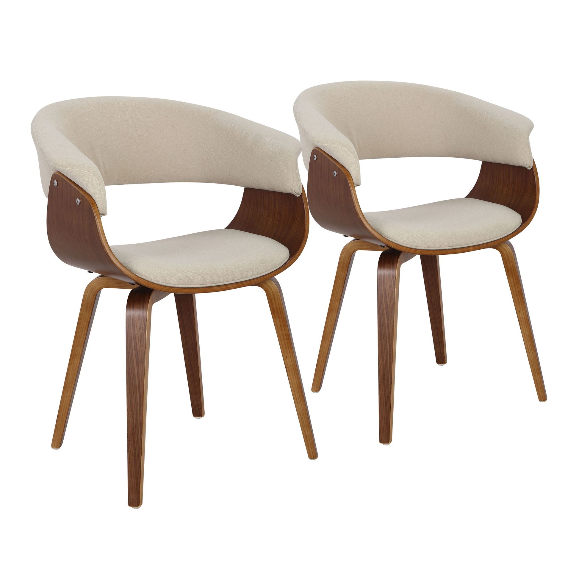 A set of two Vintage Mod Mid Century Modern Dining Chairs with curved wooden frames, beige upholstered seats and backrests, and angled wooden legs, placed side by side facing forward.