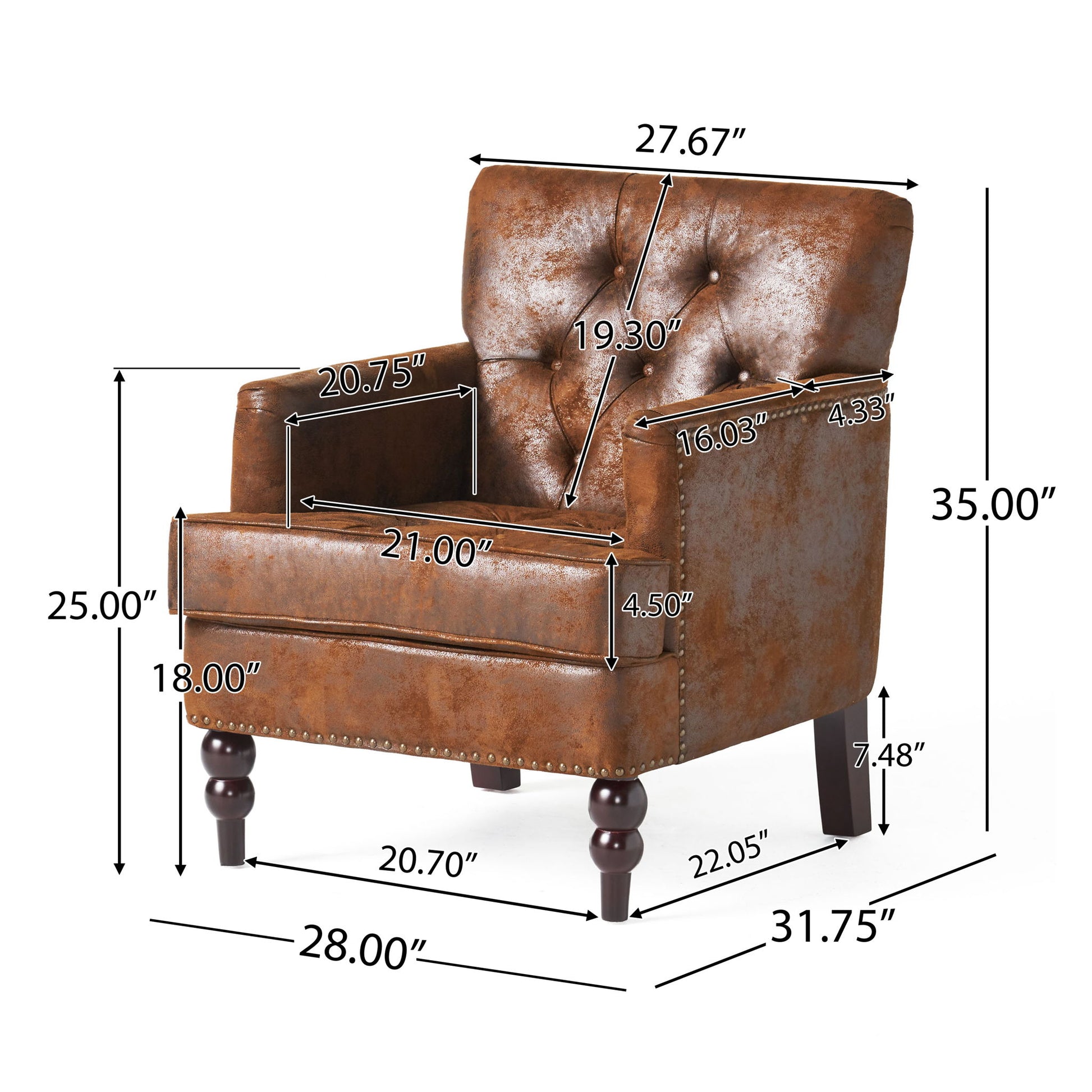 The Vitality Club Chair features brown leather upholstery, a button-tufted diamond-stitched backrest, and turned wooden legs. Dimensions labeled include width, height, seat depth, armrest height, and overall chair size.