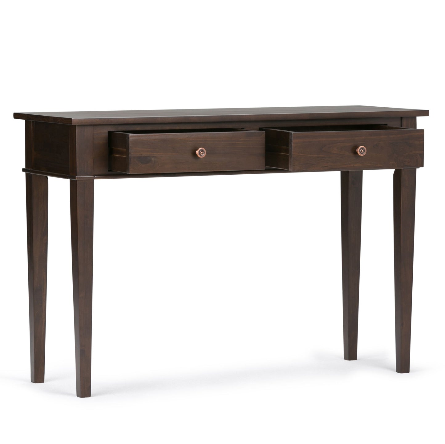 The Carlton Console Sofa Table in dark tobacco brown features two partially open drawers and four tapered legs, set against a plain white background.
