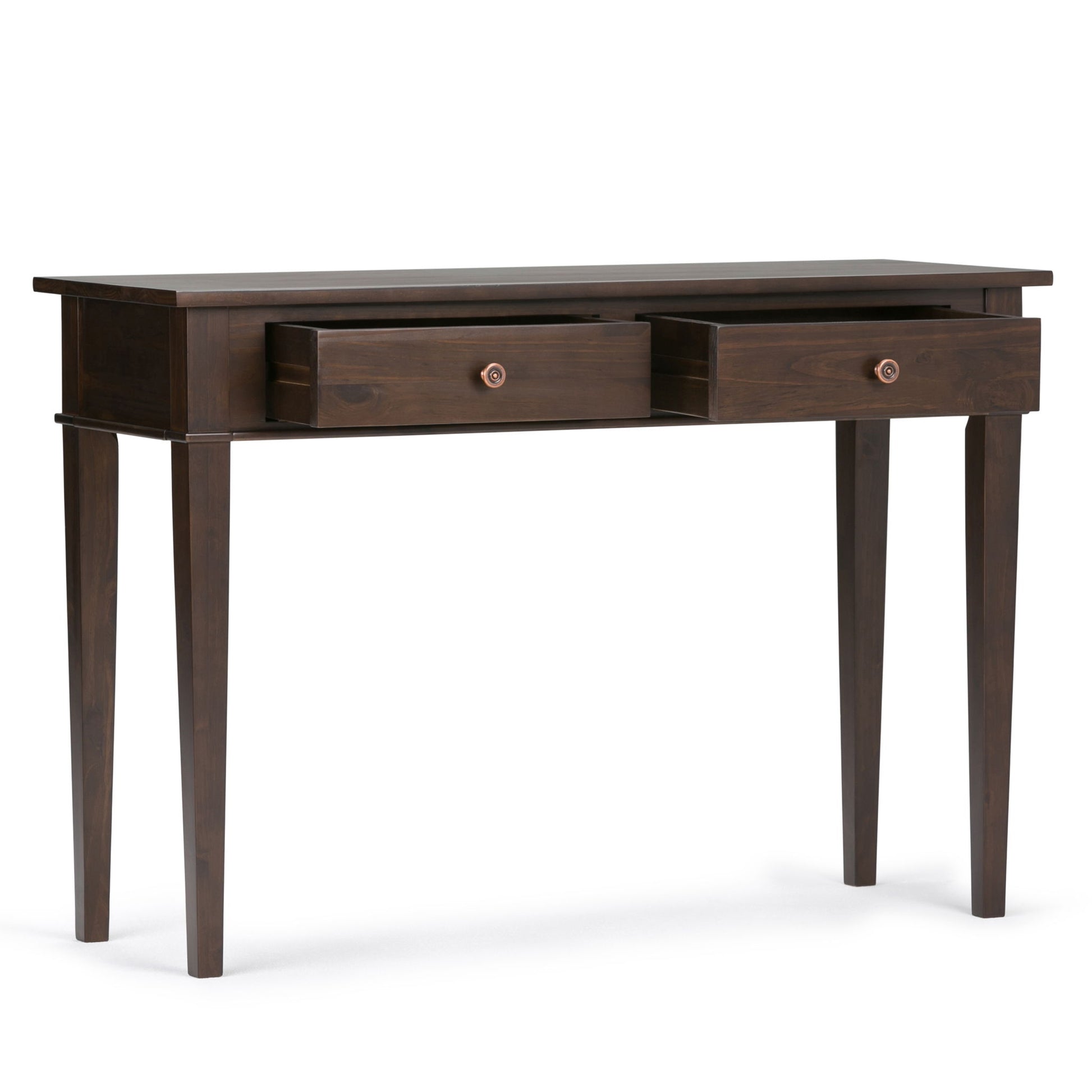 The Carlton Console Sofa Table in dark tobacco brown features two partially open drawers and four tapered legs, set against a plain white background.