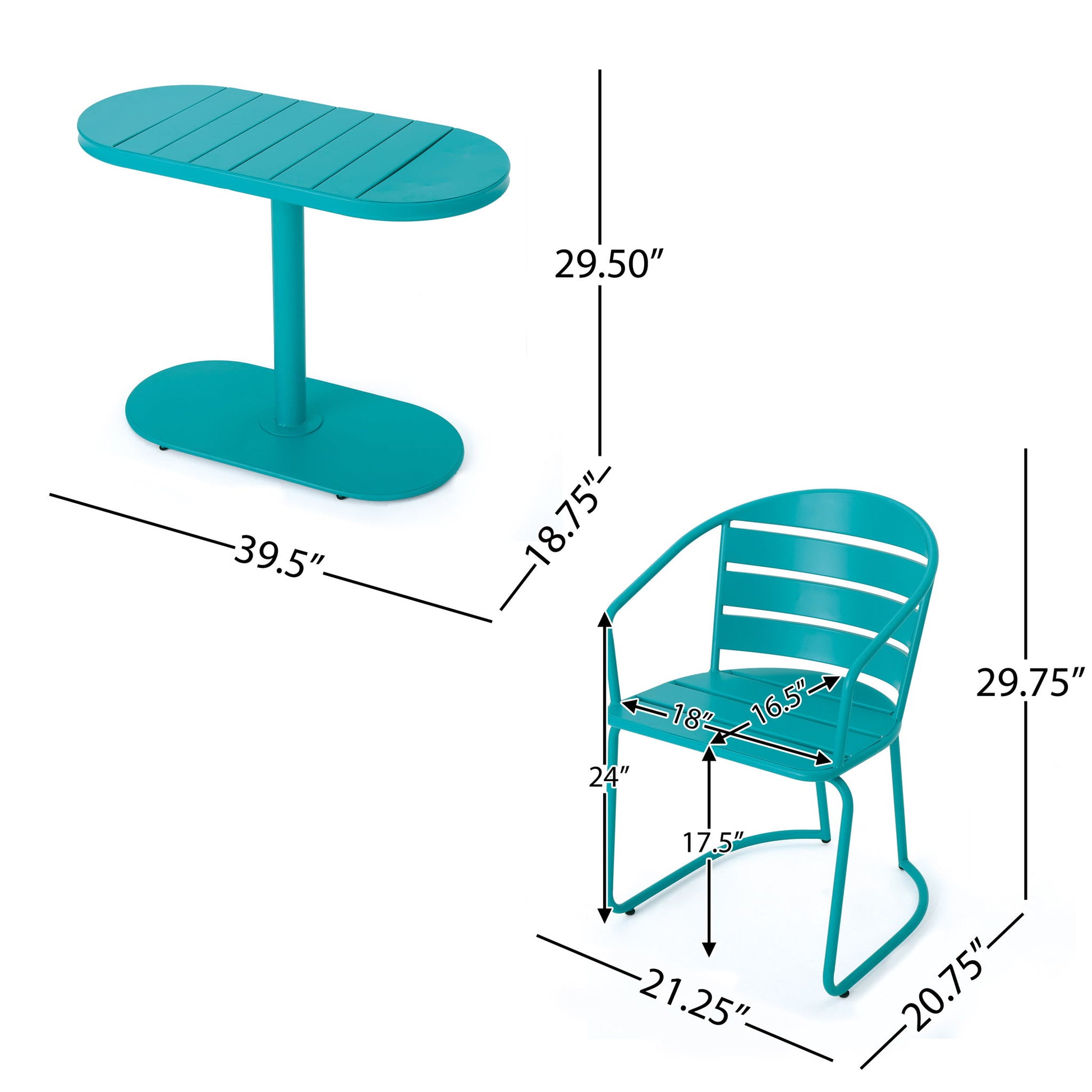 The 3 Piece Elegant Outdoor Bistro Set includes 2 chairs and an oval turquoise table (table: 39.5" L x 18.75" W x 29.5" H; chair: 21.25" W x 20.75" D x 29.75" H) with detailed seat and armrest measurements.