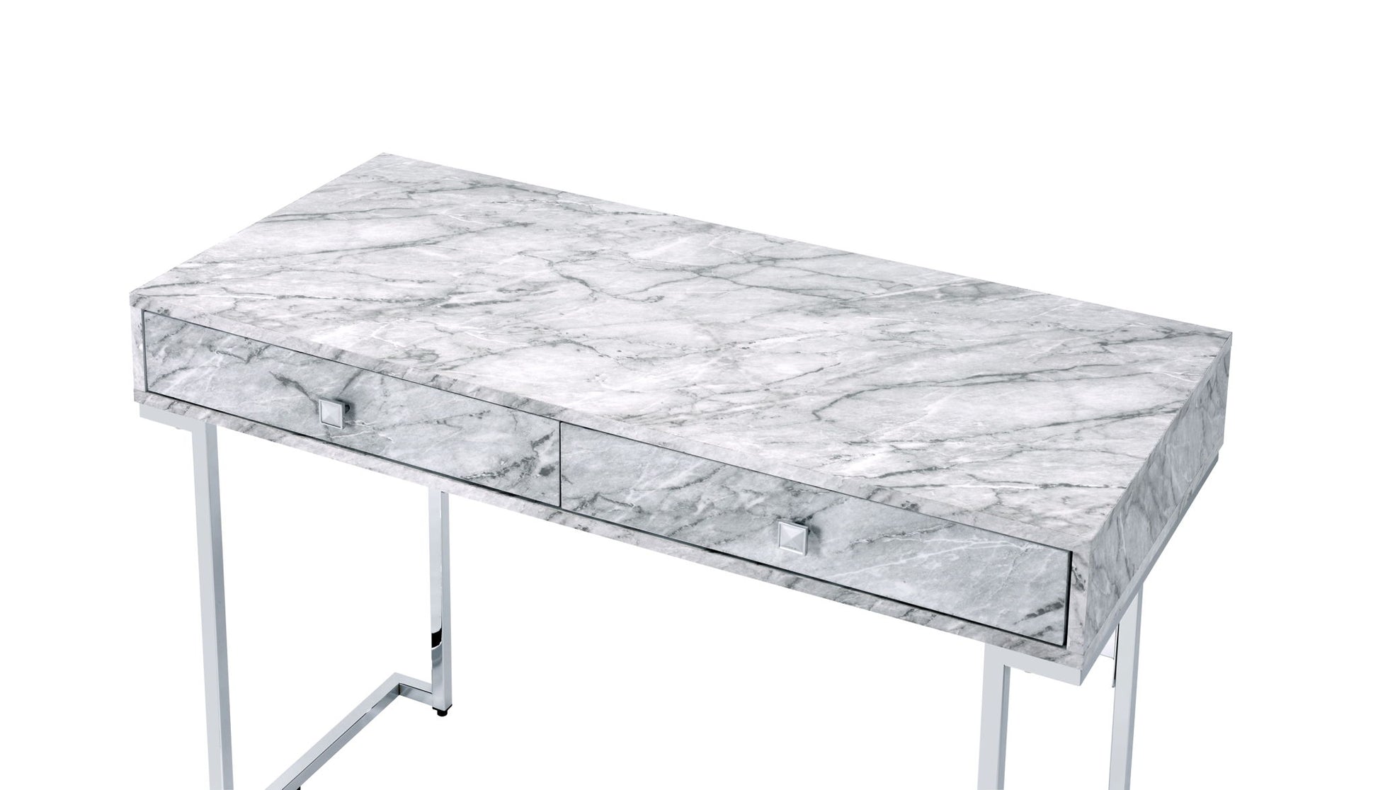 The Tigress Printed Faux Marble Top Writing Desk in white features a modern design with a gray marble-effect top, two drawers with square metal handles, and sleek metal legs, shown photographed on a white background.