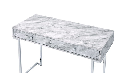 The Tigress Printed Faux Marble Top Writing Desk in white features a modern design with a gray marble-effect top, two drawers with square metal handles, and sleek metal legs, shown photographed on a white background.