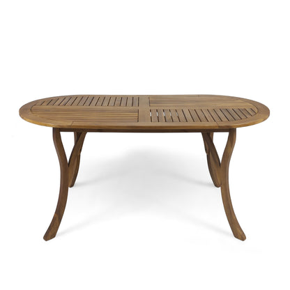 An Outdoor Table With Smooth Lines and a slat top features an oval wooden design with curved legs, displayed against a white background.