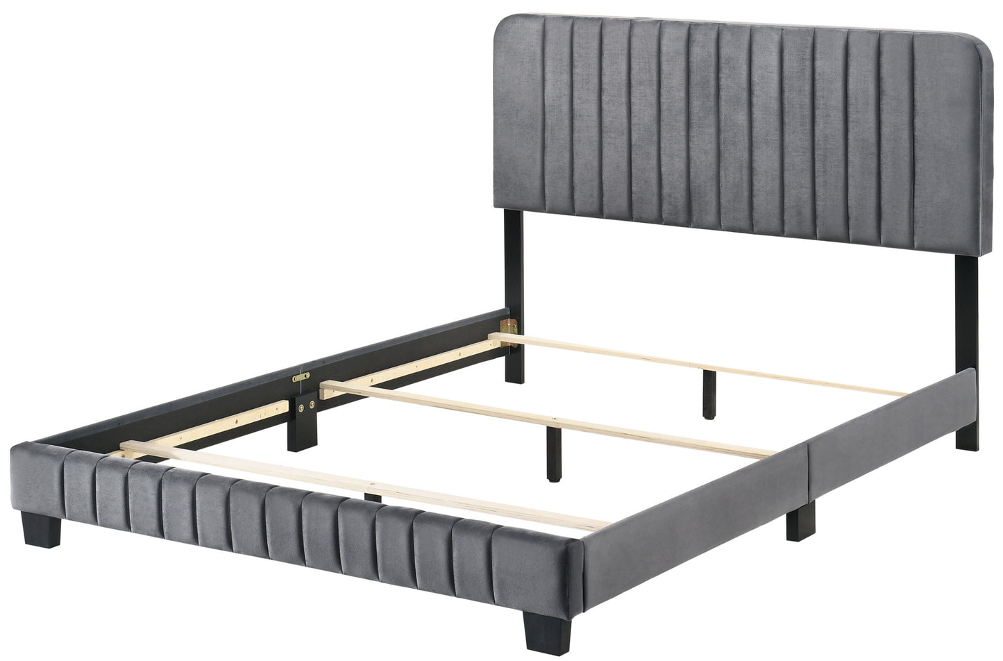 The Lodi - Bed features a tall, vertically upholstered gray headboard and matching footboard, black legs, and wooden slats for mattress support. Mattress not included.