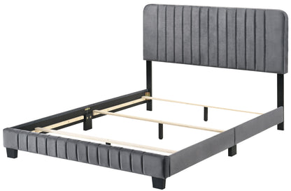 The Lodi - Bed features a tall, vertically upholstered gray headboard and matching footboard, black legs, and wooden slats for mattress support. Mattress not included.