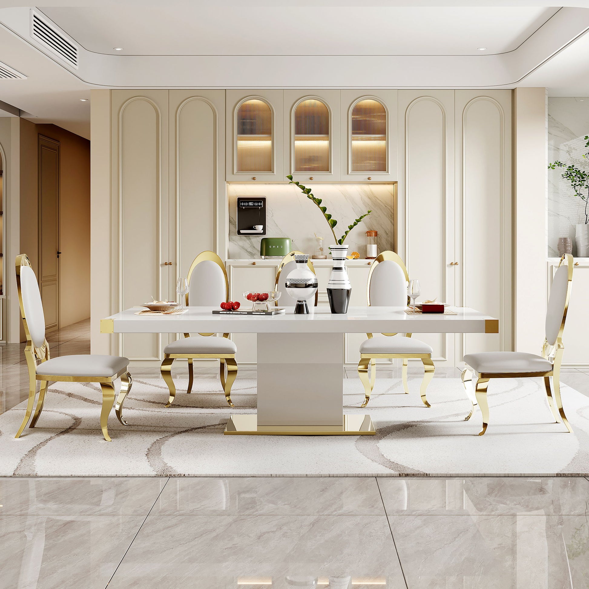 Elegant dining room featuring the Top Dining Table With Finish Corner, set for six with matching chairs. The space has a modern, minimalist vibe with light walls, built-in cabinets, stylish lighting, and a marble floor.