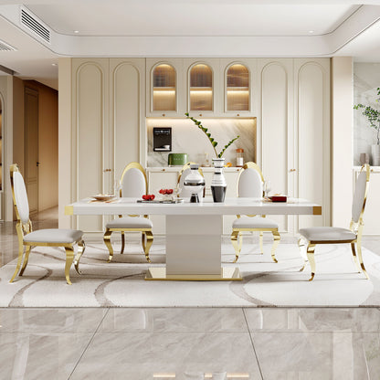 Elegant dining room featuring the Top Dining Table With Finish Corner, set for six with matching chairs. The space has a modern, minimalist vibe with light walls, built-in cabinets, stylish lighting, and a marble floor.