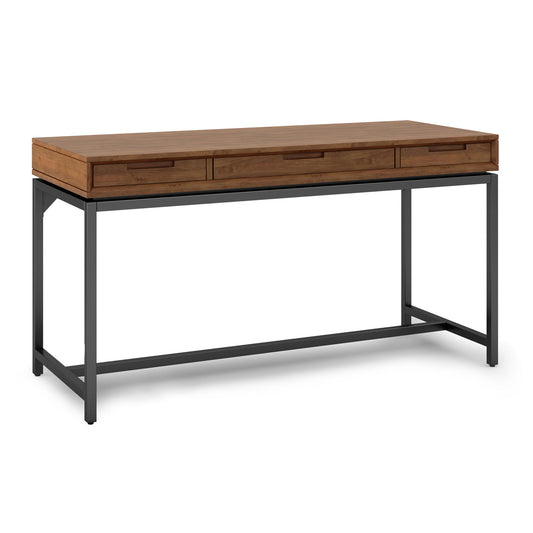 The Banting - Mid Century Handcrafted Desk features a wooden top with three drawers and a black metal frame, shown against a white background.