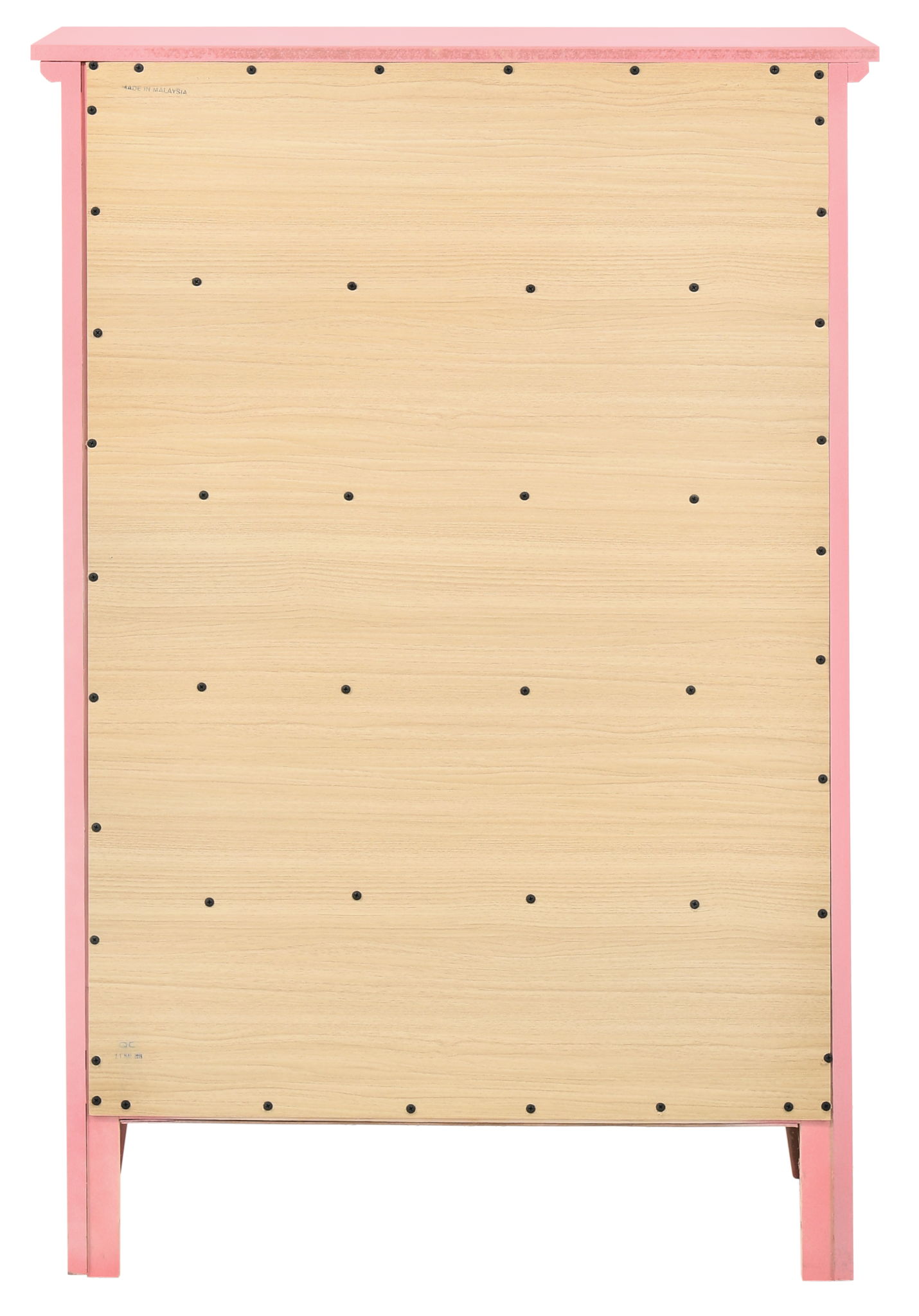 The image shows the back view of the Hammond - Chest, featuring a light wood panel with evenly spaced black screws and framed by pink-colored edges and legs.