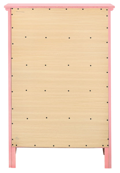 The image shows the back view of the Hammond - Chest, featuring a light wood panel with evenly spaced black screws and framed by pink-colored edges and legs.