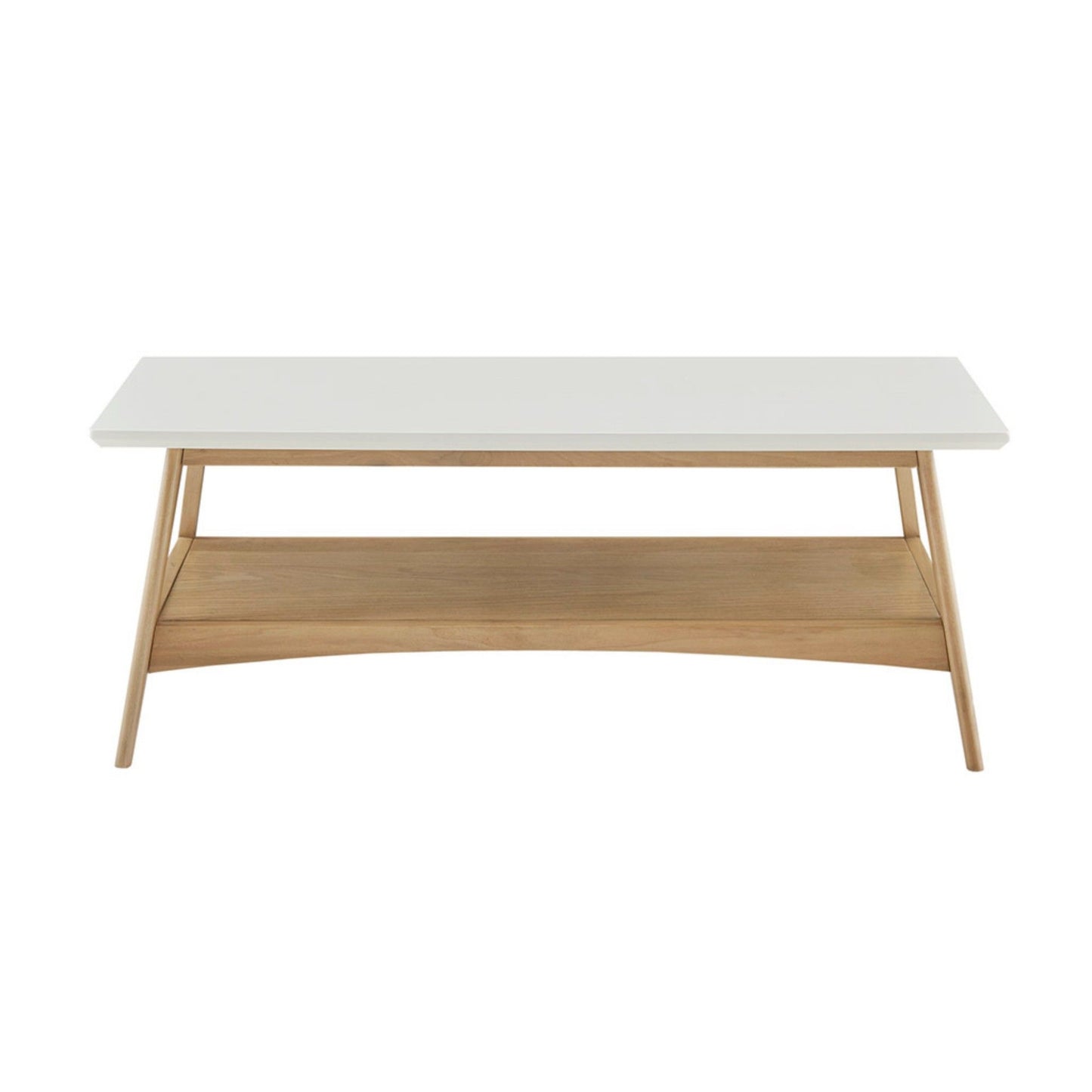 The Modern Table With Extra Storage features a white rectangular tabletop, angled wooden legs, and a spacious wooden lower shelf, shown against a white background.