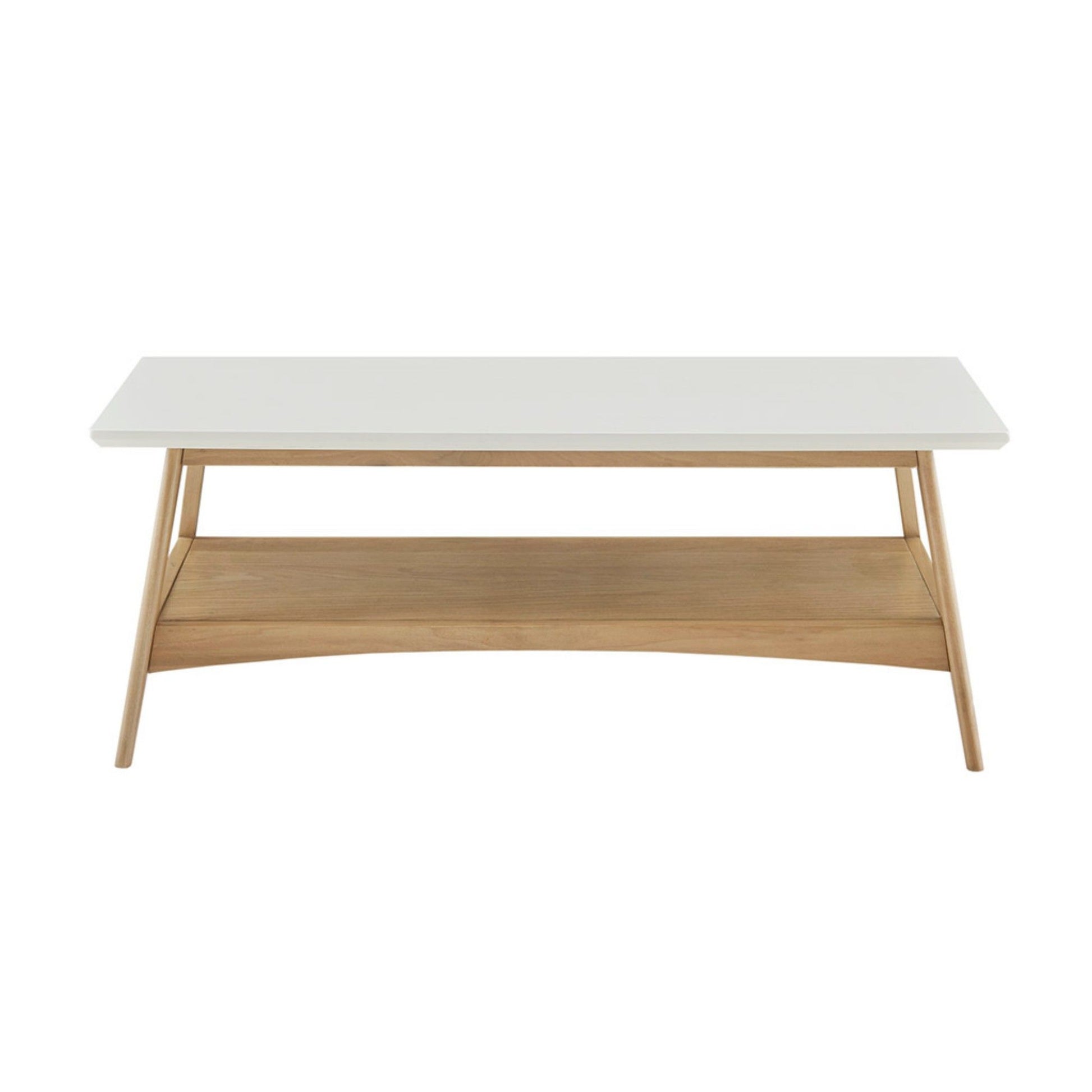 The Modern Table With Extra Storage features a white rectangular tabletop, angled wooden legs, and a spacious wooden lower shelf, shown against a white background.