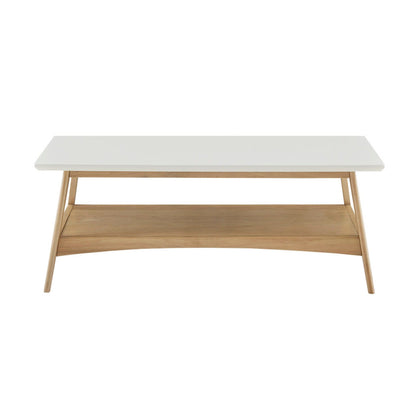 The Modern Table With Extra Storage features a white rectangular tabletop, angled wooden legs, and a spacious wooden lower shelf, shown against a white background.